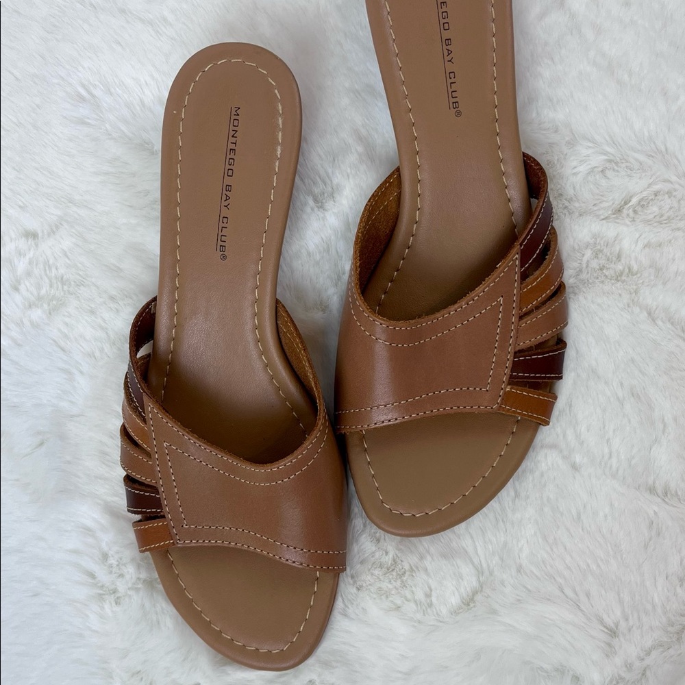 Montego Bay Club Neutral Boho Leather Wedge Sandals - Size 9